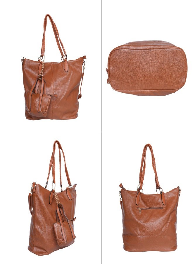 SANTORINI DuoCharm Women’s Trapezoid Tote Bag | Spacious Shoulder Handbag with Mini Bag Charm, 1 Compartment, Multiple pockets, Detachable Sling Strap | Fits 14” Laptop (Brown) - Image 3